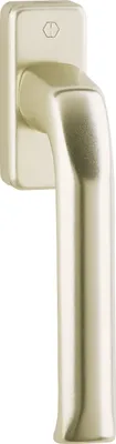A close-up studio shot of a silver window handle against a white background.