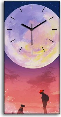 Produktbild von Wohnzimmer-Bild Leinwand Uhr Kunstdruck 30x60 Frau mit Hund Nacht riesiger Mond - schwarze Hände