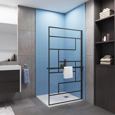 Produktbild von Duschparadies 140x200cm 8mm NANO Glas Walk In Schwarz Duschwand Mit(unregelmäßige Form) Mit Duschregal