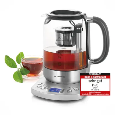 Produktbild von Emerio Glas-Wasserkocher 1,7 L – 2200 W – Digital – 5 Temperaturen – Warmhaltefunktion – Automatisches Teesieb – Edelstahl/Glas – WK-122248