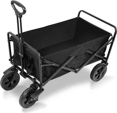 A black foldable wagon with four wheels and a handle.