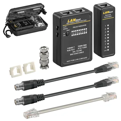 Immagine prodotto di Tester di rete cavi di rete Rj45 - Rj11 Rj12 - Set tester per cavi - Con custodia rigida - Per Cat5 e Cat6 - Nero