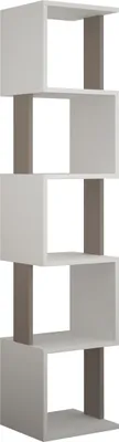 A tall, modern, white and light mocha bookshelf with an offset, zig-zag design.