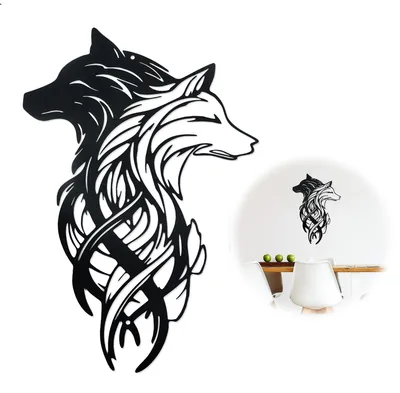 Metall-Wanddekoration zwei Wolfsköpfe schwarz-weiß 35x24,2 cm
