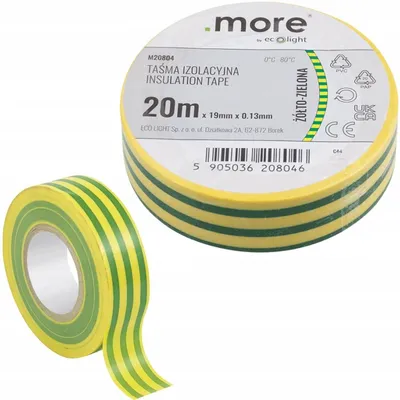 Image de Ruban isolant, résistant et adhésif, 19 mm x 0,13 mm, jaune-vert, 20 mètres, 1 pièce.