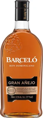 A bottle of Ron Barcelo Gran Anejo rum against a white background.