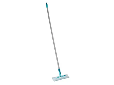 A mop with a silver handle and a blue and white mop head is shown against a white background.