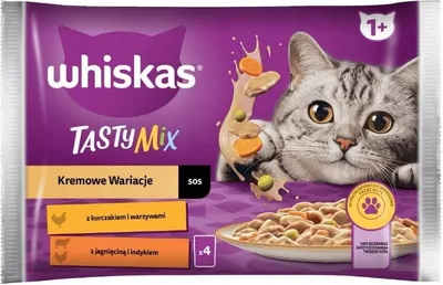 Produktbild von WHISKAS Adult 1+ Tasty Mix Cremige Variationen Katzennassfutter im Beutel mit Huhn, Lamm und Pute in Sauce 52 Beutel (13 x 4 x 85g)