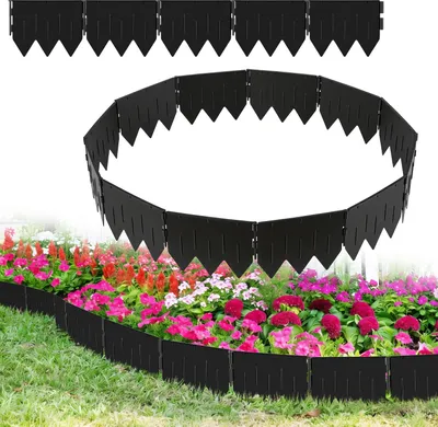 Image de Izrielar Bordure de pelouse Bordure de parterre Bordure de parterre 10 m de longueur 50 pièces Bordure de jardin 20 x 15 cm avec profil triangulaire - Bordures de pelouse flexibles en plastique PP Noir