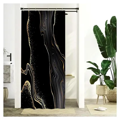Produktbild von Duschvorhang Schwarz Gold, Schmal 90x180cm, Anti Schimmel, Marmor Optik, Grau Marmoriert, Modern, Waschbar, Wasserdicht, Polyester, Badvorhang mit 6 Haken
