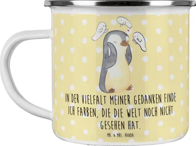 Produktbild von Mr. & Mrs. Panda Emaille Becher Pinguin Schizophrenie - Gelb Pastell - Geschenk, Gefühlswelt, Kaffeepott, Mentale Gesundheit, Tasse, Haferl, Schizophrene Psychose, Pott