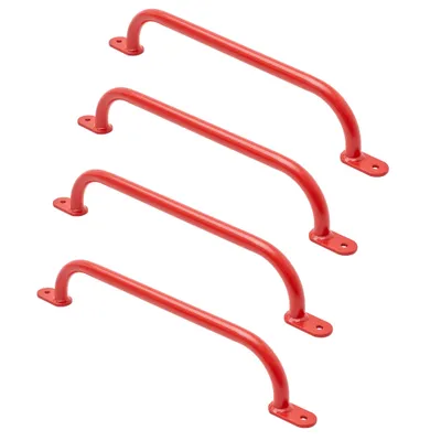 Four red climbing grips are arranged in a staggered, vertical line against a white background.