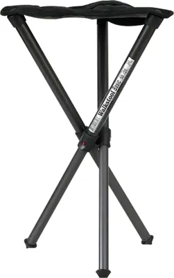 A black and gray tripod stool is shown against a white background.