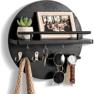 Produktbild von Rundes Wandregal, multifunktionaler Wand-Organizer mit Ablage, Schutzbügel & Haken, bis 9 kg Traglast, für Schlüssel, Post & Kleinutensilien,für Flur