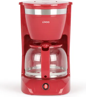A red Livoo coffee maker is shown against a white background.