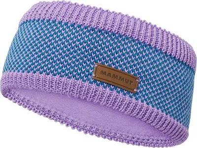 Mammut Snow Headband in lila und blau mit gestricktem Muster und braunem Logo-Patch