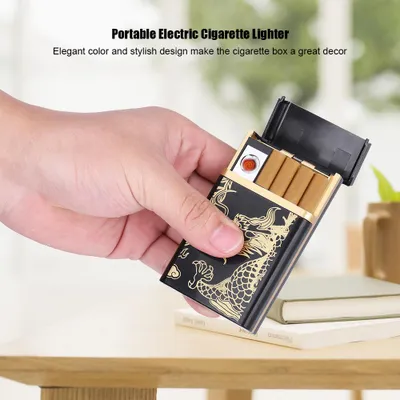 Zdjęcie produktu dla Przenośne pudełko na papierosy z super mini zapalniczką elektryczną ładowaną przez USB (Golden Dragon)