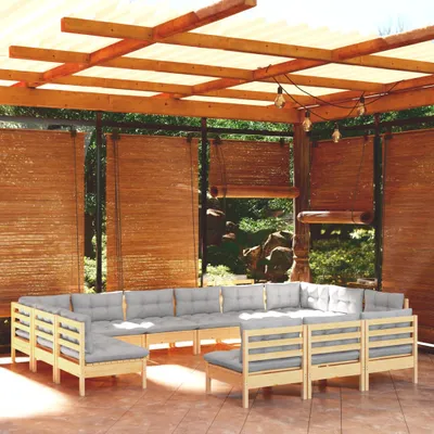 Produktbild von [Home] 13-tlg. Garten-Lounge-Set mit Grauen Kissen Kiefer Massivholz , Neue Mode 2024 im häuslichen Leben