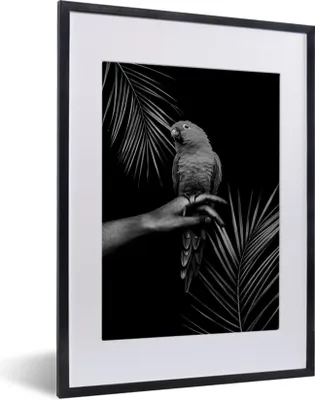 Produktbild von MuchoWow® Gerahmtes Poster Vogel vor schwarzem Hintergrund - schwarz und weiß 30x40 cm - Poster mit Schwarzem Bilderrahmen Wandposter Rahmen Foto Bilder - Wandposter Schlafzimmer