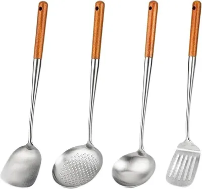Imagen del producto de Espátula para wok y cuchara para servir, cuchara espumadera, juego de espátulas para sartén (juego de 4 piezas)