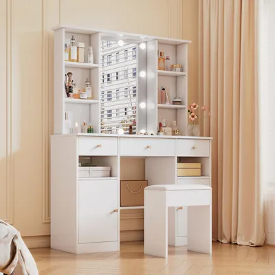 Image de Merax Coiffeuse avec tabouret, miroir LED, 12 ampoules, luminosité réglable, table de maquillage, 3 tiroirs, 2 portes, 151×110×40 cm, blanc