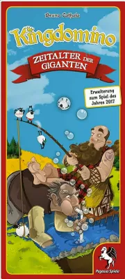 The image shows the box art for the board game expansion 'Kingdomino - Zeitalter der Giganten'. It features cartoonish illustrations of giants and sheep in a whimsical setting.