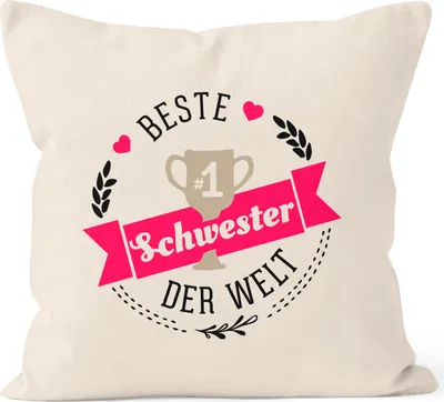 Produktbild von Kissenbezug beste Schwester der Welt Geschenk für Schwester Baumwolle MoonWorks® natur 40cm x 40cm