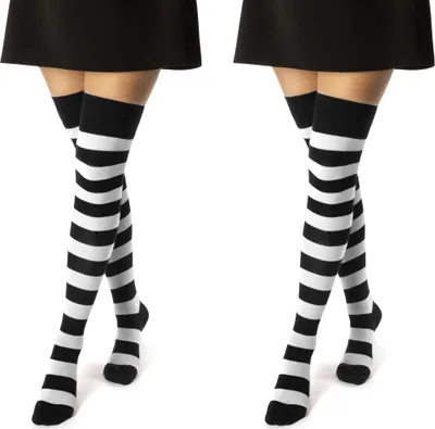 Produktbild von 2 Paar Overknee Strümpfe Damen Kniestrümpfe Baumwolle Ringel & Uni 10723 - 2x Schwarz/Weiß 35-38