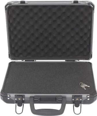 An open black tool case with foam padding inside.