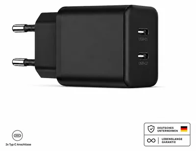 Produktbild von USB-C Ladegerät mit 2 USB-C Anschlüssen Netzteil Universal – Schwarz / Ohne