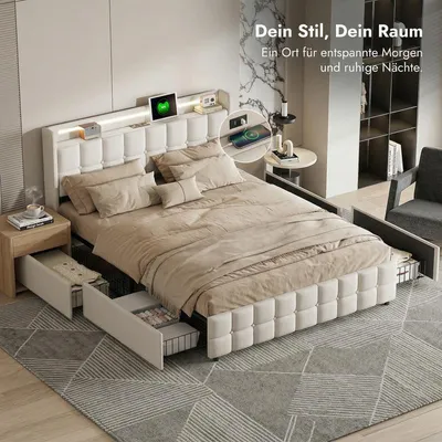 Produktbild von ProximaX Polsterbett mit Stauraum 160x200 cm, Leinenstoff Bett mit RGB LED, USB, 4 Schubladen, Kopfteilregal, Viel Stauraum, Stabil, Komfortabel, Beige