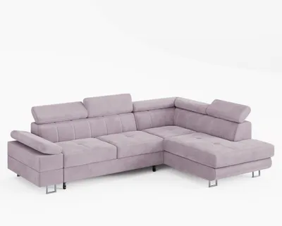 Image de Canapé d'angle CAROLINE, côté droit, en velours rose clair, avec fonction couchage et coffre de rangement