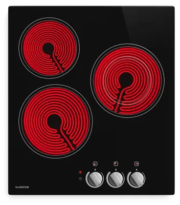 Image de Klarstein table de cuisson vitrocéramique - 45 cm Plaque de cuisson électrique en verre à 3 zones avec double zone de cuisson, commandes rotatives, 4700 W, témoin de chaleur résiduelle et verrouillage parental, surface de cuisson facile à nettoyer.