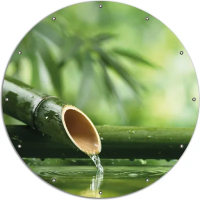 Produktbild von Wallario rundes Outdoor-Poster für Garten oder Balkon, Motiv Bambusquelle  Bambusrohr mit Wasser, 120 cm Durchmesser