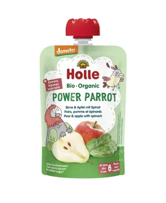 Produktbild von MUS „STARKER PAPAGEI“ (Birne – Apfel – Spinat) ohne Zuckerzusatz, glutenfrei, ab dem 6. Monat, DEMETER-Bio, 100 g – HOLLE
