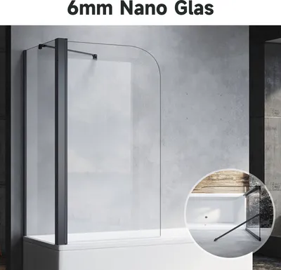 Produktbild von SONNI Badewannenaufsatz faltbar Schwarz 80x140cm NANO Glas ESG 6mm Duschabtrennung für Badewannen mit Seitenwand 70x140 cm