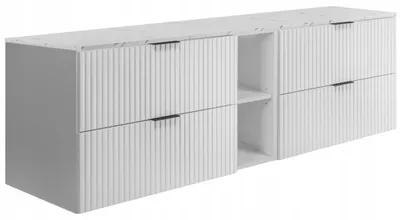 Obrázek produktu pro Rodan | Skříňka pod umyvadlo Bílá 140 cm - Deska bílý mramor - 3 barvy úchytek v sadě - Soft-Close - Integrovaná bílá police