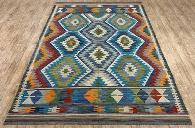 Produktbild von Teppich KELIM ORIGINAL | Farbe: Blau; Größe: 199x295 cm | strapazierfähig und leicht zu reinigen | Wohnzimmer | Schlafzimmer