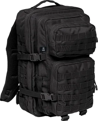 A black backpack is shown against a white background.