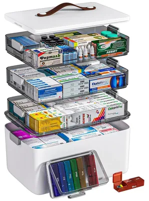 Produktbild von Medizinbox Medikamentenbox Erste-Hilfe-Box - 4 Ebenen - Tragegriff - 37 x 25 x 32 cm - Für Zuhause und Camping