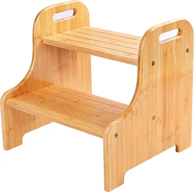 Zdjęcie produktu dla Dwustopniowy taboret, wykonany z bambusa, wymiary: 38,2 cm x 34 cm x 40 cm, maksymalne obciążenie: 150 kg, antypoślizgowe nóżki, ergonomiczne uchwyty