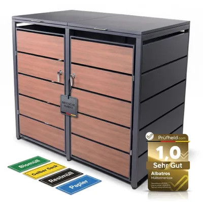 Produktbild von ALBATROS Mülltonnenbox 2er Holzdekor, 120L bis 240L, für Zwei Tonnen, Mülltonnenverkleidung aus verzinktem Metall mit Holzoptik