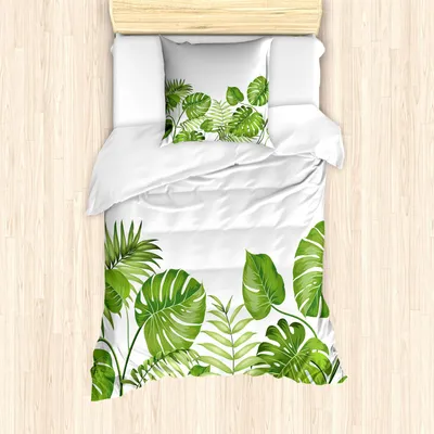 Produktbild von ABAKUHAUS Blatt Bettbezug Set, Natur-Dschungel-Waldregenwald inspirierte Blätter-Pflanzenlaub-Strudel-botanisches Bild, 135 x 200 cm + 80 x 80 cm, Blasses Grün