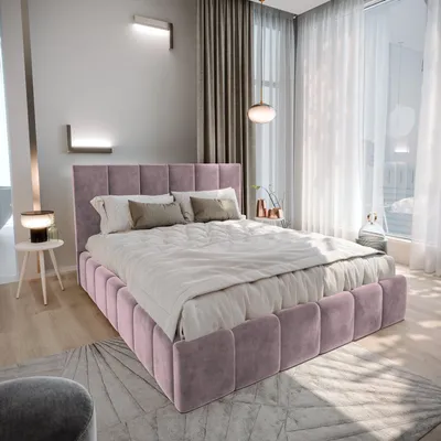 A bedroom scene with a bed, curtains, and lighting.