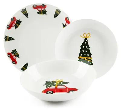 18-tlg. Porzellan-Bordenservice, Weihnachtsdekor, rund, weiß