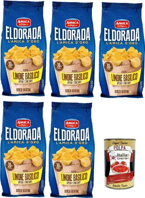 Produktbild von Amica Chips Eldorada Salzige Kartoffelchips mit Zitrone und Basilikum 5x 130g glutenfreie knusprige Kartoffel chips + Italian Gourmet poplpa 400g