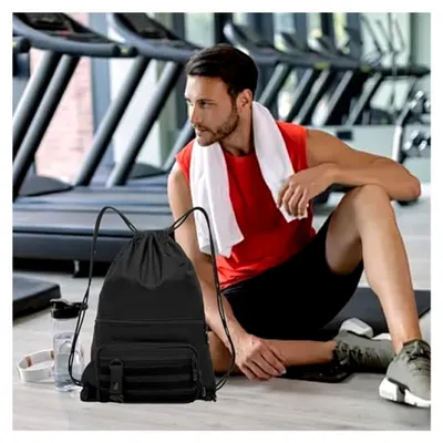 Produktbild von Taktische Kordelzug-Rucksack – Sportbeutel mit Reißverschlusstaschen, wasserdicht, schwarz