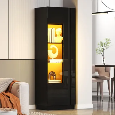 Obrázok produktu pre MODFU Sklenená vitrína s LED osvetlením, čierna, s vysokým leskom, s akrylátovými dvierkami, úložná skrinka do obývačky s 5 policami, vysoká skrinka 60×40×180 cm