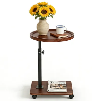 Runder Beistelltisch, 360° drehbar, höhenverstellbar 45-80 cm, Nussbaum
