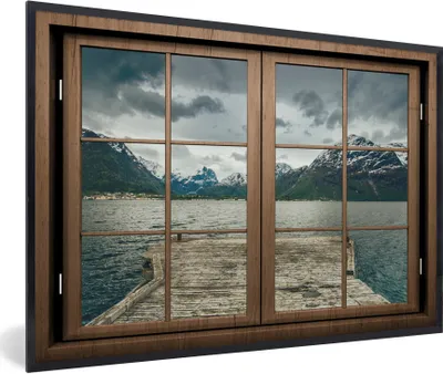 Produktbild von MuchoWow® MuchoWow® Gerahmtes Poster Aussicht - Wasser - Berge 90x60 cm - Poster mit zchwarzem Bilderrahmen - Fotorahmen - Foto-Plakat